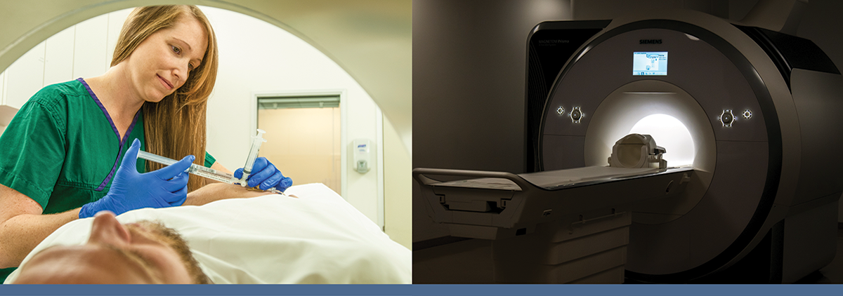 Left: PET Technologist administering a tracer in the scanner Right: Prisma scanner with room lights off