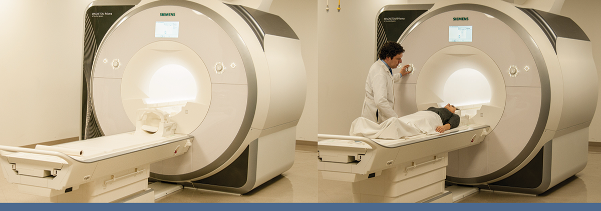 Left: photo of Prisma MRI scanner Right: photo of Prisma MRI scanner with researcher and participant